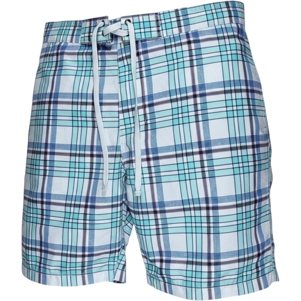 Merona Men's Plaid Swim Trunks Teal Blue White Board Shorts Size Large